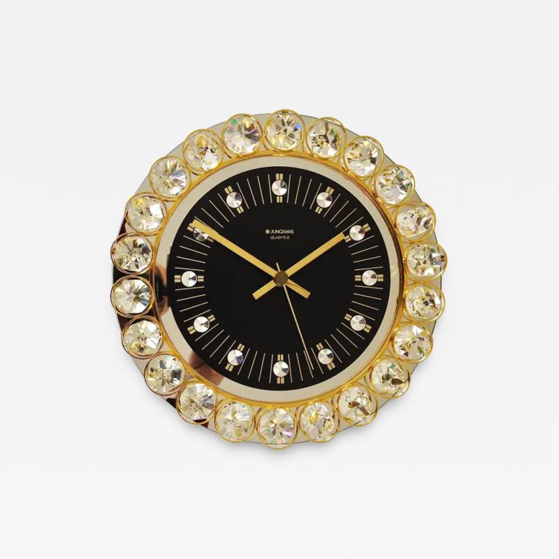  Junghans Uhren GmbH Golden Junghans Hollywood Regency Gilt and Crystals Wall Clock Germany 1970s