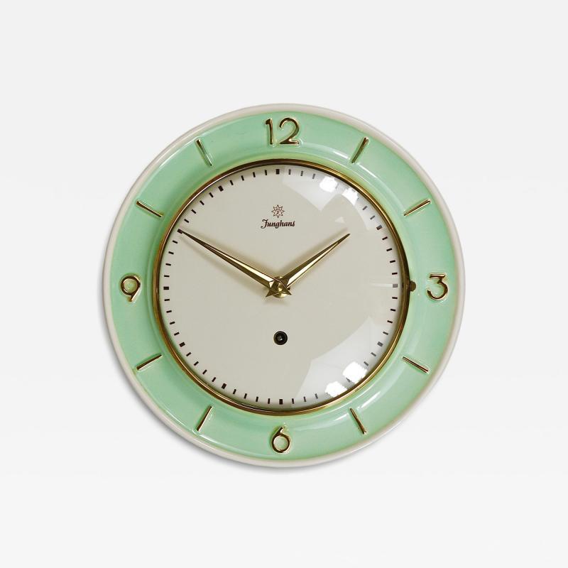  Junghans Uhren GmbH Junghans Round Turquoise Golden Midcentury Brass Wall Clock Germany 1950s