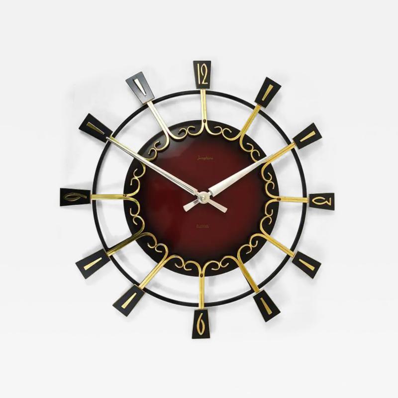  Junghans Uhren GmbH Large Mid Century Junghans Sunburst Brutalist Brass Wall Clock Germany 1950s
