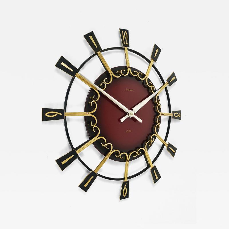  Junghans Uhren GmbH Large Mid Century Junghans Sunburst Brutalist Brass Wall Clock Germany 1950s