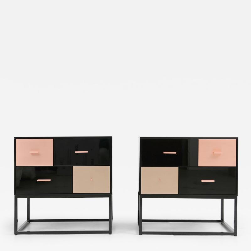  Kanttari Modern Black Side Table in High Gloss With Brass Copper Drawers set of 2