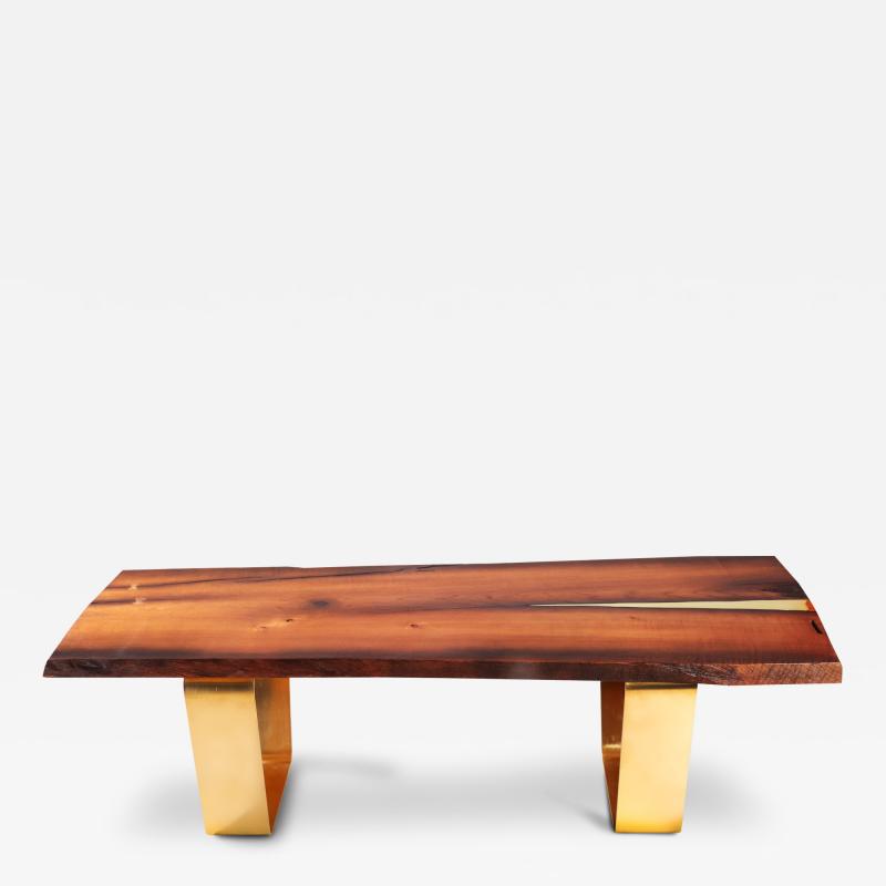  Kanttari Modern Live Edge Wood Coffee Table in Brass Gold Copper