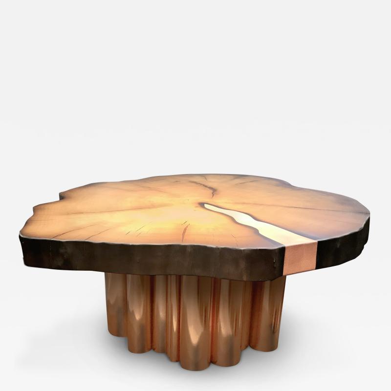  Kanttari Modern Round Coffee Table in Live Edge Wood Copper or Brass