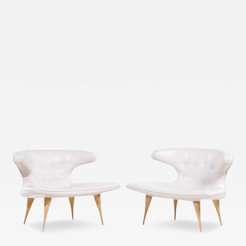  Karpen of California Karpen of California Mid Century White Leather Horn Lounge Chairs Pair