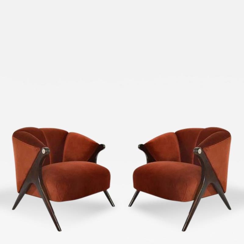  Karpen of California Modernist Karpen of California Lounge Chairs in Red Velvet