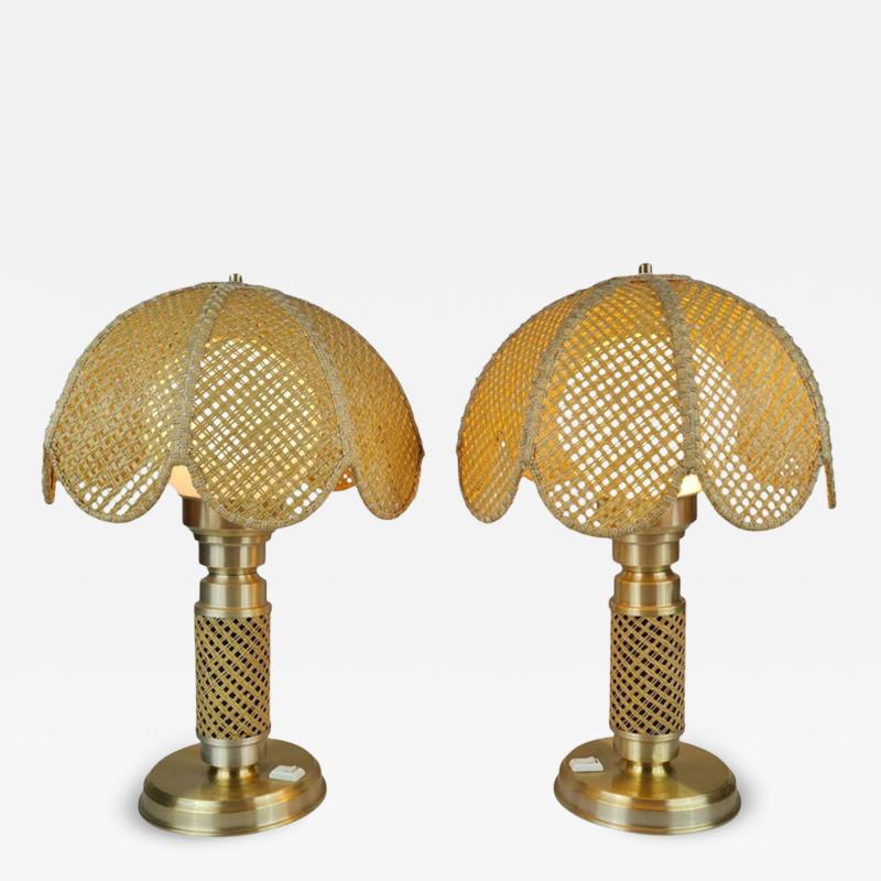  Ker Lux Nostalgic Pair of Boho Table Lamps by Ker Lux Brass Rattan Finland 1980s