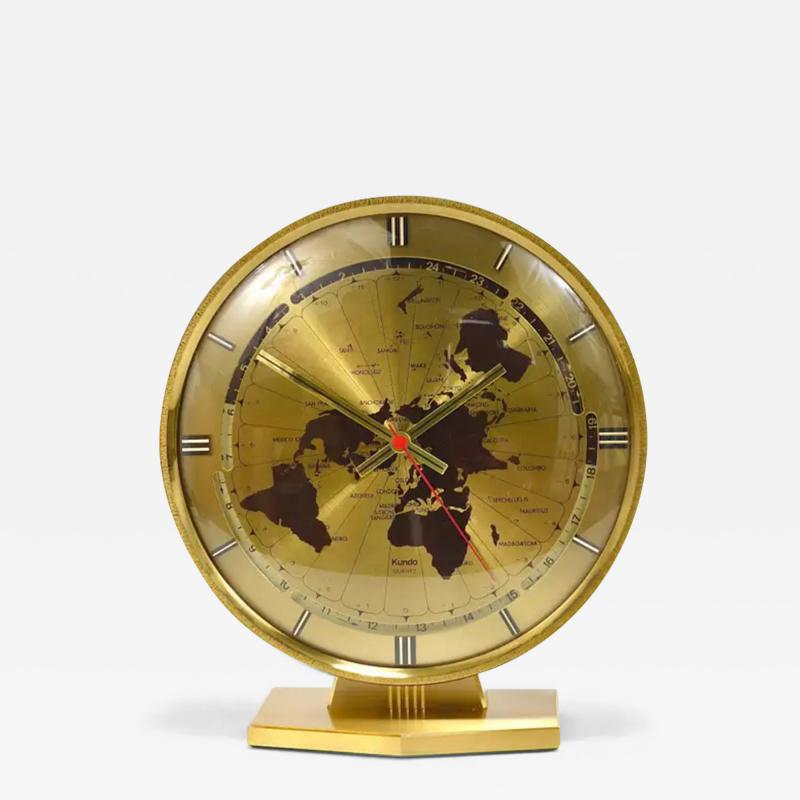  Kieninger Obergfell Large Kundo GMT World Time Zone Brass Table Clock Kieninger Obergfell 1960s