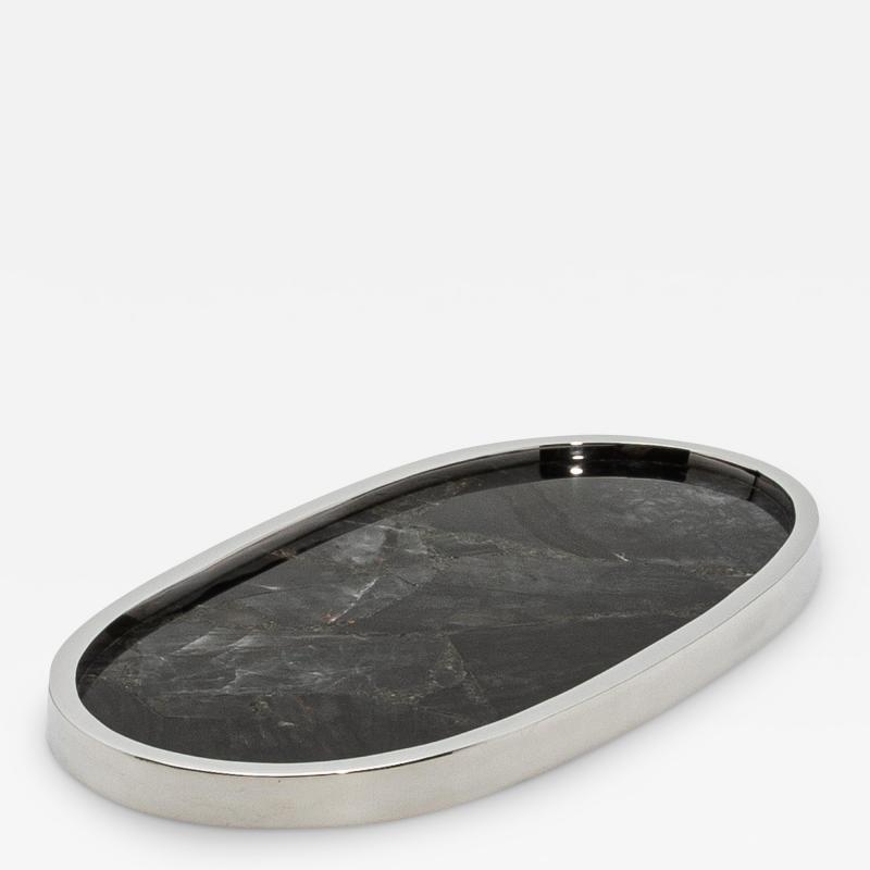  Kifu Paris Kifu Augousti Oval Tray in Black Quartz with Polished Stainless Steel by Kifu Paris