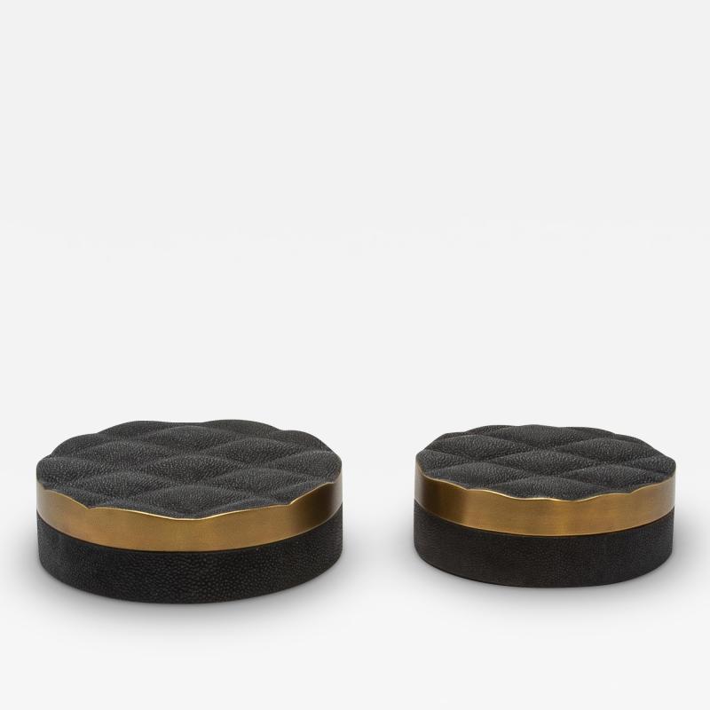  Kifu Paris Kifu Augousti Set of 2 Quilted Boxes in Black Shagreen with Bronze Patina Brass by Kifu Paris