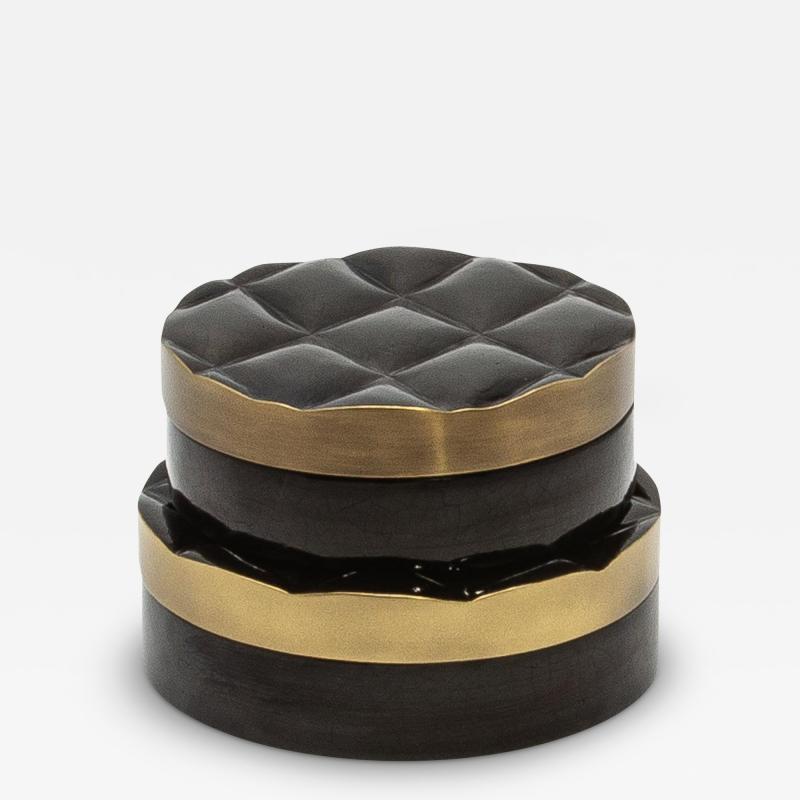  Kifu Paris Kifu Augousti Set of 2 Quilted Boxes in Black Shell with Bronze Patina Brass by Kifu Paris