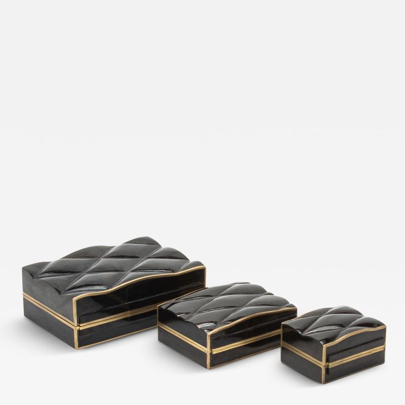  Kifu Paris Kifu Augousti Set of 3 Quilted Boxes in Black Shell with Bronze Patina Brass by Kifu Paris