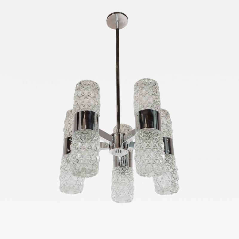  Kinkeldey Mid Century Modernist Chandelier by Kinkeldey in Chrome and Textured Glass