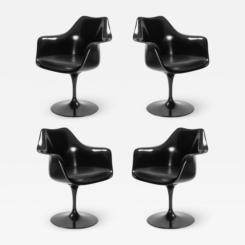  Knoll Eero Saarinen for Knoll Tulip Chairs in Black with Black Leather Set of 4