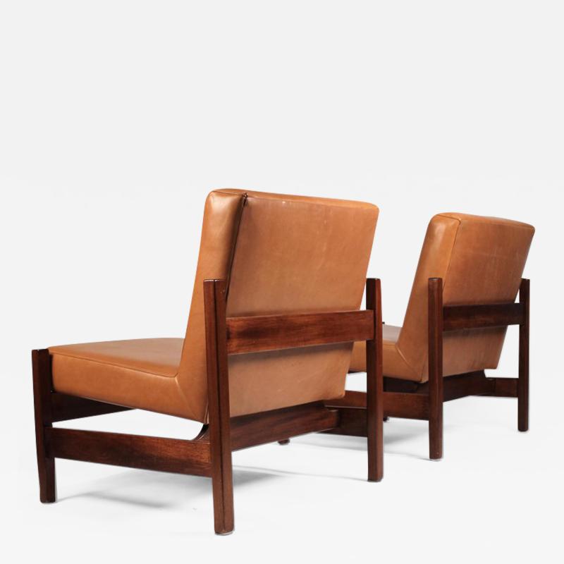  Knoll Joaquim Tenreiro Style Peroba Lounge Chairs in leather for Knoll Forma Brazil