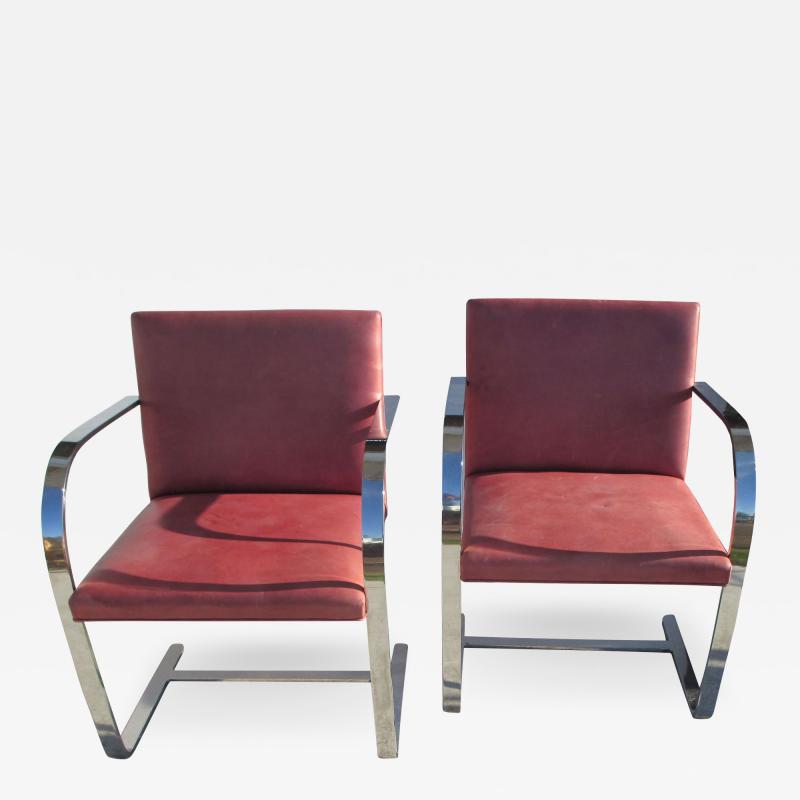 Knoll Mid Century Knoll Mies van der Rohe Brno Stainless Steel Flat Bar Chairs Pair