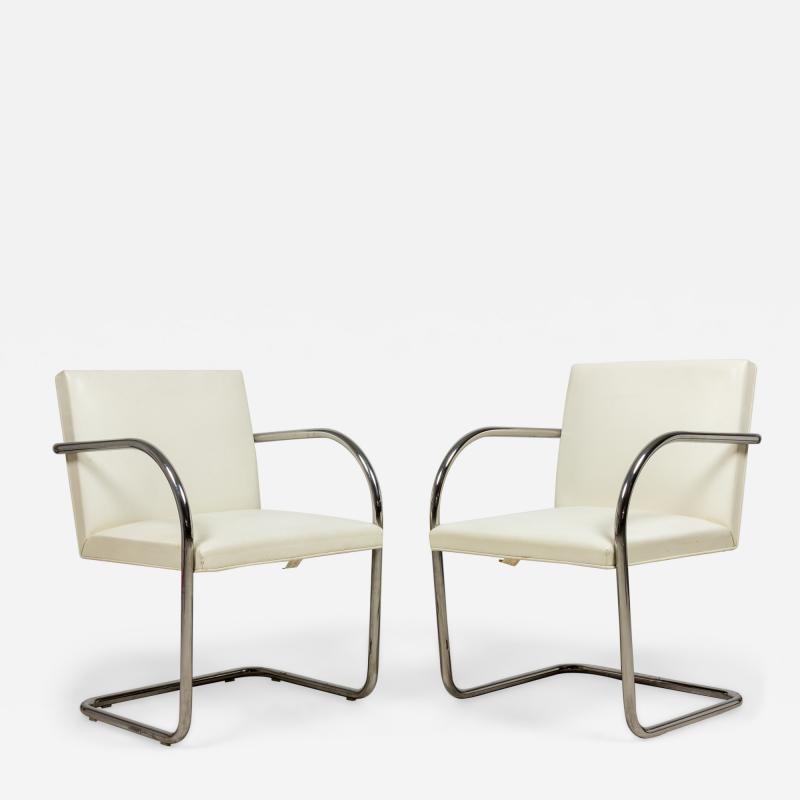  Knoll Mies van der Rohe for Knoll Brno White Leather and Chrome Tube Armchairs