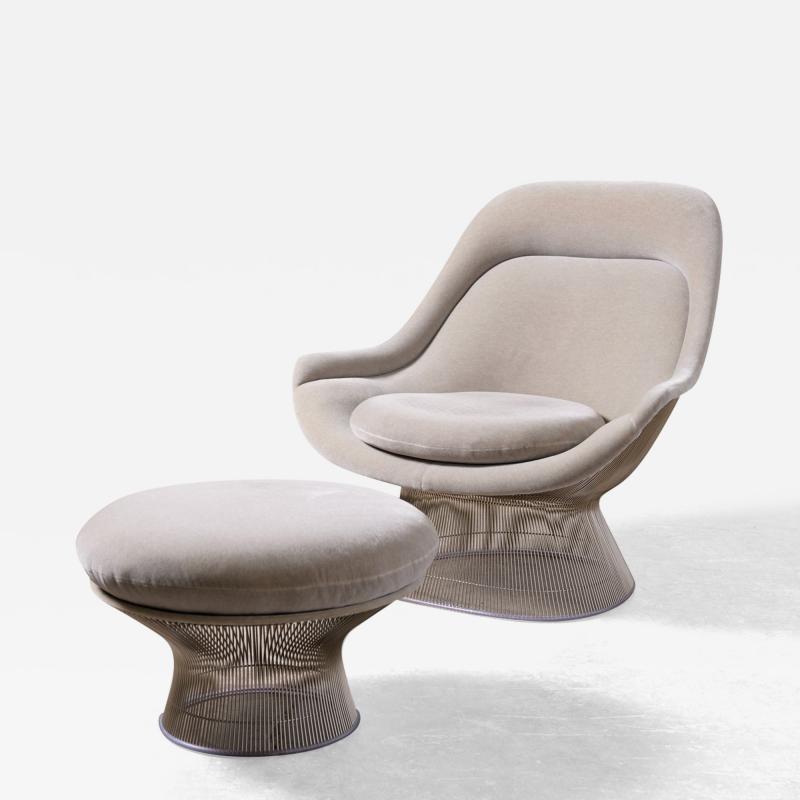  Knoll Warren Platner High Back Easy Chair and Ottoman in Gray Knoll Velvet Nickel