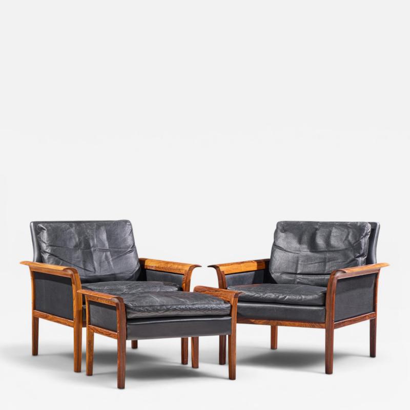  Knut Saeter Knut Saeter Vatne M bler Norwegian Rosewood Leather Chair Pair with Ottoman
