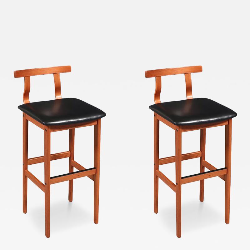  Korup Stolefabrik Danish Modern Teak Leather Bar Stools by Korup Stolefabrik
