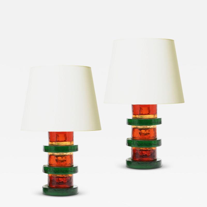  Kosta Boda AB Pair of Table Lamps in Orange and Green Glass by Kosta attrib 