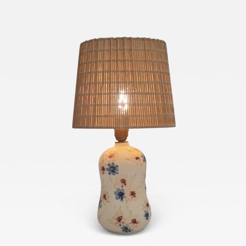  Kupittaan Savi Delicate Ceramic Table Lamp Hand Painted Flowers Kupittaan Savi Finland 1940s