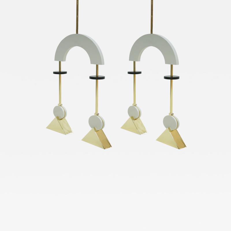  L A Studio L A Studio Pair Of White Lacquered Wood And Bronze Pendant Lamp United Kingdom