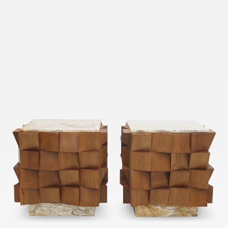  L A Studio L a Studio Pair of Birch Wood and Siena Marble Side Night Tables Italy