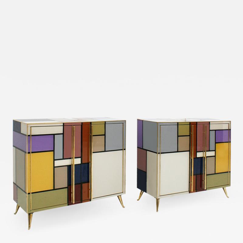  L A Studio Mid Century Modern Solid Wood and Colored Glass Italian Pair of Sideboards