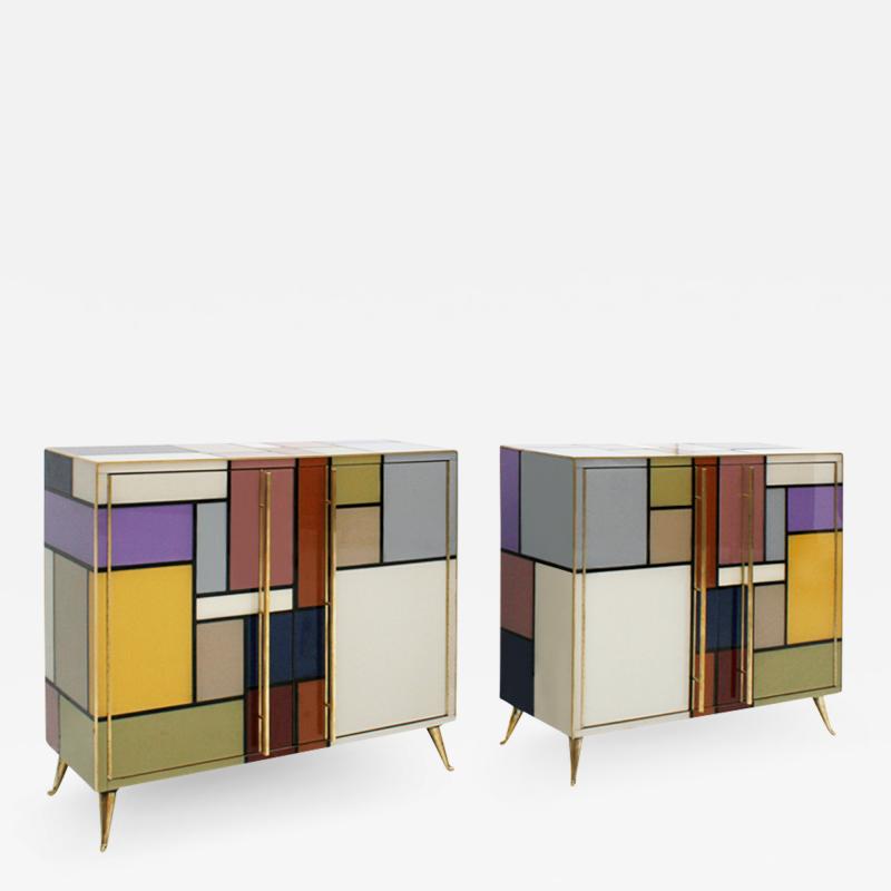  L A Studio Mid Century Modern Solid Wood and Colored Glass Italian Pair of Sideboards