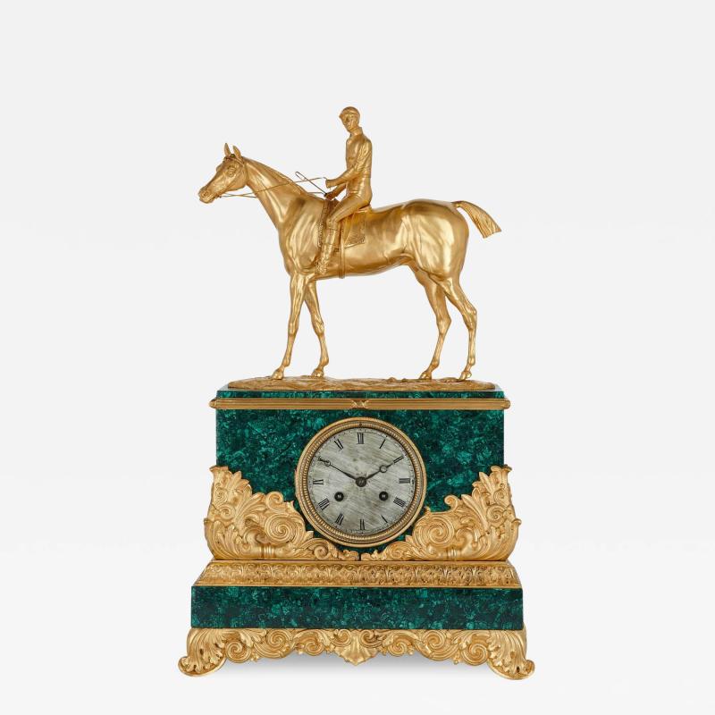  L Leroy Cie Charles X Style ormolu and malachite mantel clock with horse and jockey