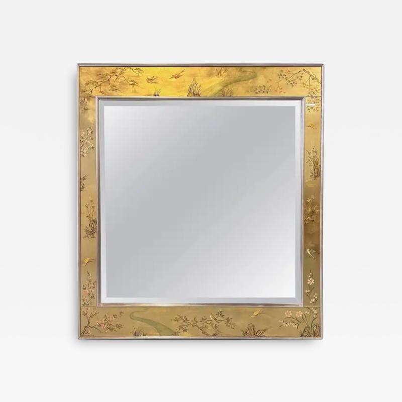  La Barge La Barge Square Eglomise Wall Mirror with Chinoiserie Natural Scene Mid Century