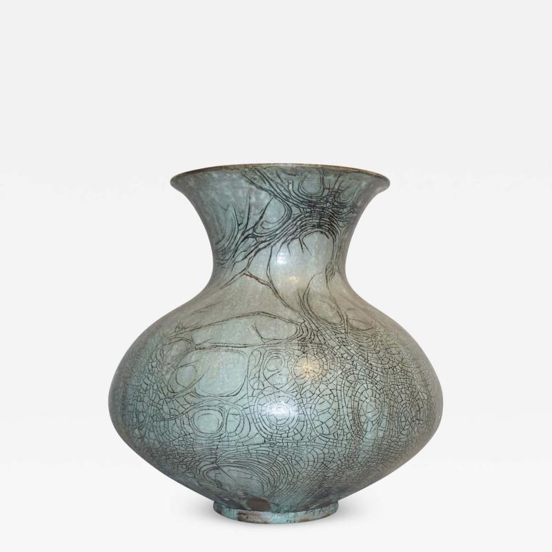  La Borne Potters La Borne Ceramics 1950s French Graffiti Enameled Stoneware Gray Large Vase