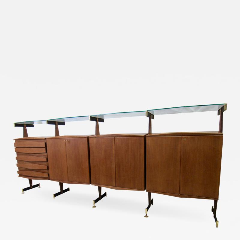  La Permanente Mobili Cant Midcentury Italian Teak and Bronze Four Cabinet Sideboard Suspended Glass 1960