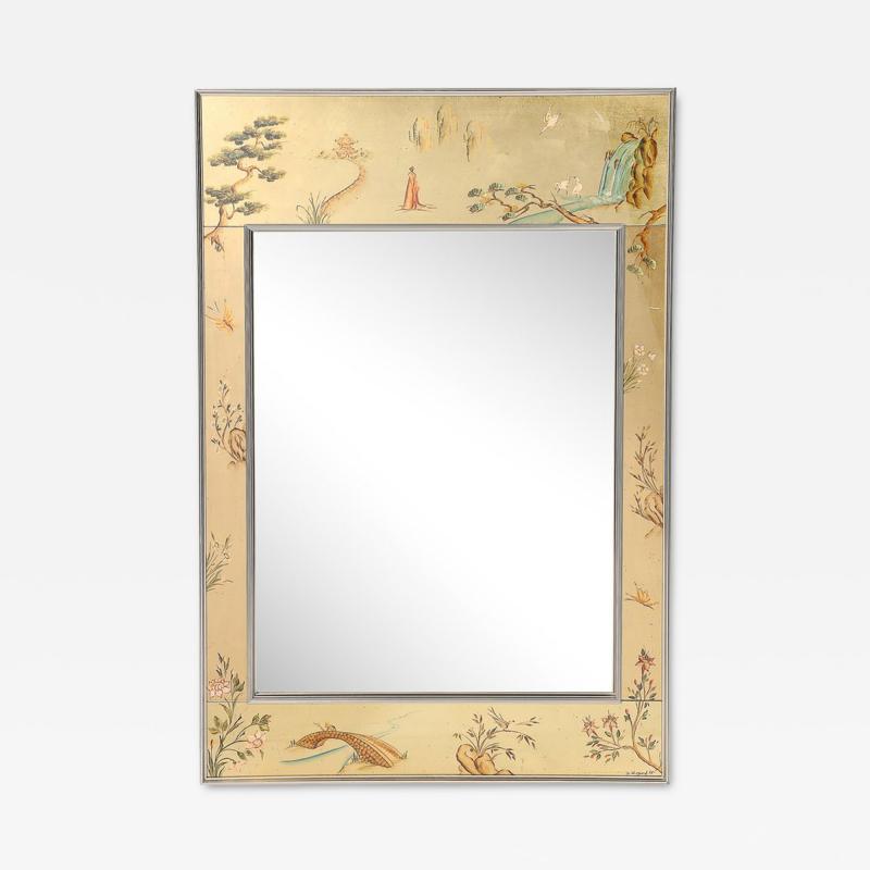  LaBarge Mid Century Gilt Eglomise w Brass Border Mirror signed D Wingard for Labarge