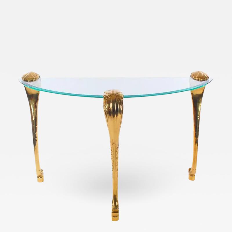  Labarge Fench Hollywood Regency Brass Glass Demilune Console Table by Labarge