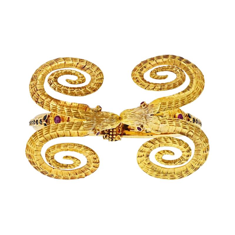  Lalaounis Ilias Lalaounis Ilias Lalaounis Vintage 18K Yellow Gold Double Ram Ruby Bracelet