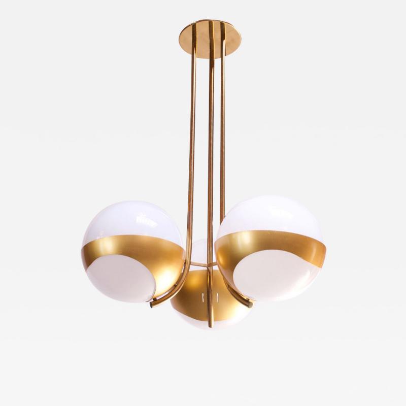  Lamperti Large Italian Modern Brass and Milk Glass Chandelier by Lamperti