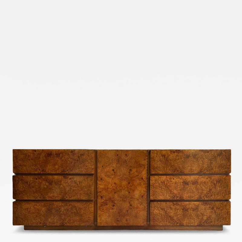  Lane Furniture Handsome Milo Baughman Style Burl Wood Long Dresser Credenza Lane Mid Century