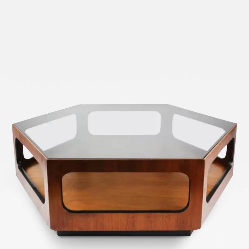  Lane Furniture Lane Hexagonal Coffee Table Walnut Smoked Glass Top Mid Century Modern