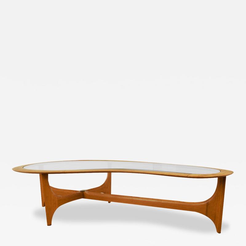  Lane Furniture Mid Century Walnut Glass Kidney Shaped Large Coffee Table Adrian Pearsall Style