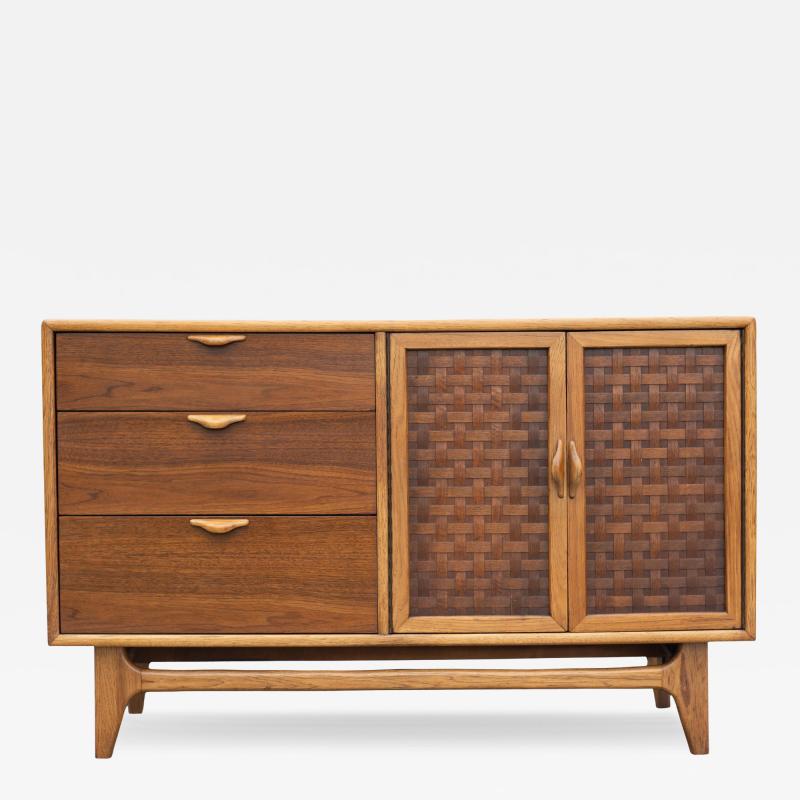  Lane Furniture Restored Warren Church for Lane Perception Walnut Oak 3 Drawer Woven Cabinet