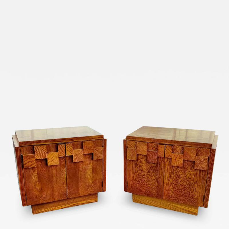  Lane Furniture Vintage Paul Evans Style Lane Brutalist Staccato or Mosaic Pair Oak Nightstands