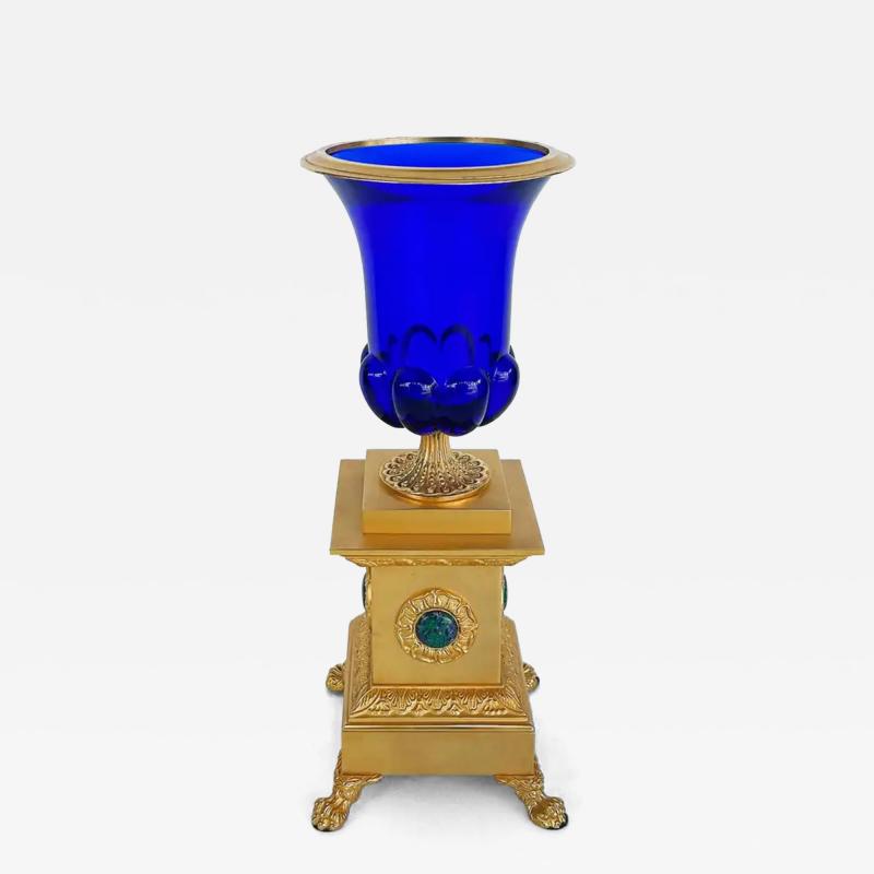  Laudarte Srl Laudarte SRLCobalt Glass 24K Gold Gilt Bronze Urn with Malachite Stone Italy