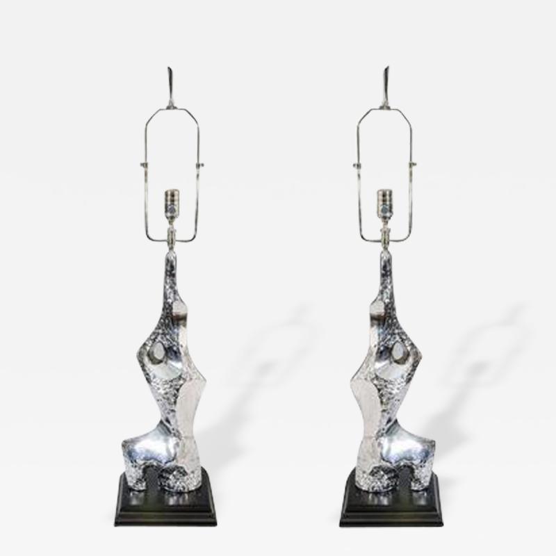  Laurel Lamp Company Brutalist Pair of Chrome Table Lamps by Laurel circa 1970