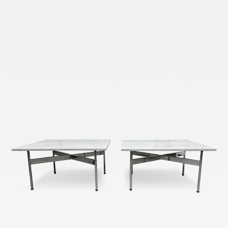  Laverne International Pair Laverne International Carrara Marble Chrome X Base End Tables