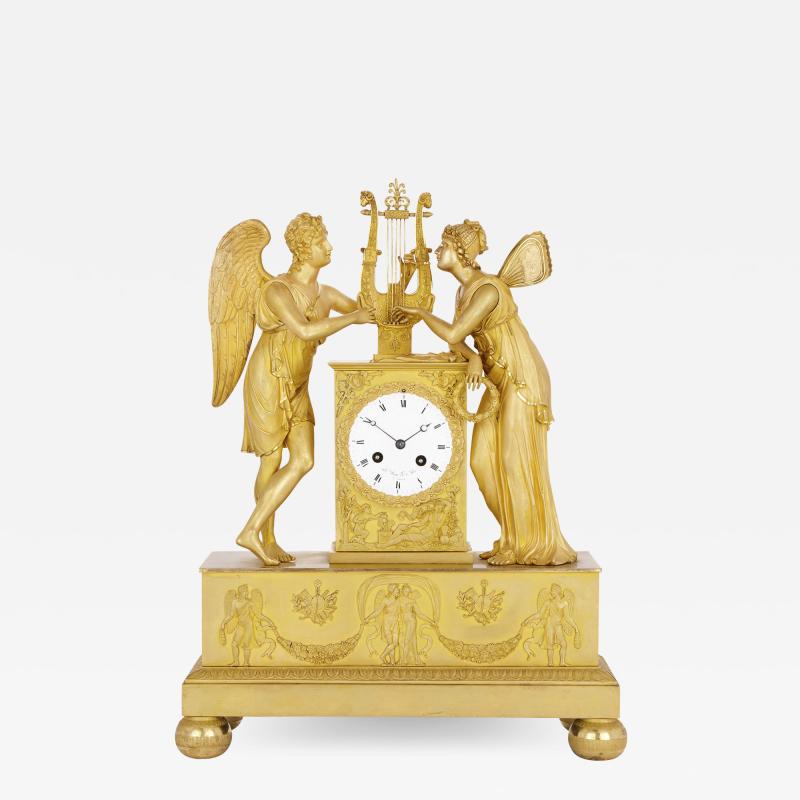  Le Roy et fils Empire period gilt bronze clock with Cupid and Psyche by Le Roy et fils