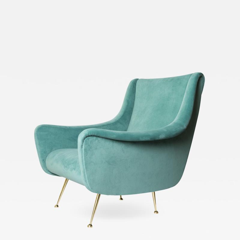  Lenzi Italian Mid Century Modern Upholstered Lounge Chair with Brass Legs by Lenzi