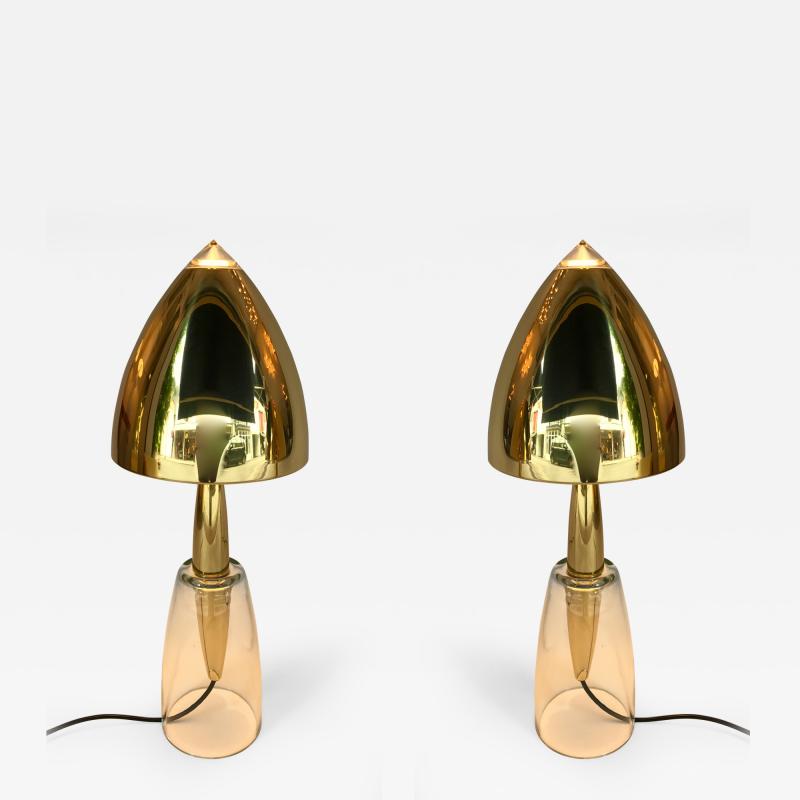  Leola Pair of Brass and Murano Glass Lamps by Leola Germany 1980s