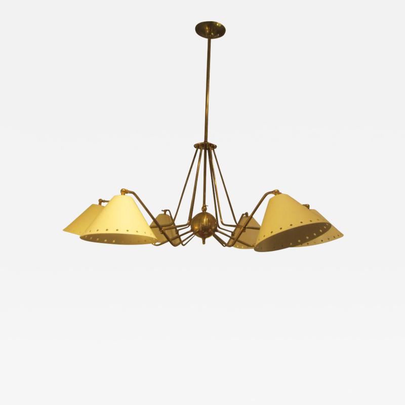  Lerebours Bespoke Custom Six Light Brass and Tole Fixture in the Mid Century Manner