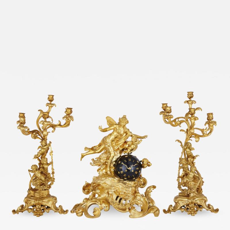  Lerolle Fr res Napoleon III period three piece gilt bronze clock set by Lerolle Fr res